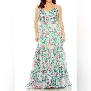 NWT Mac Duggal Sz 12W Floral V-Neck Maxi Dress in Mint and Pink 68550